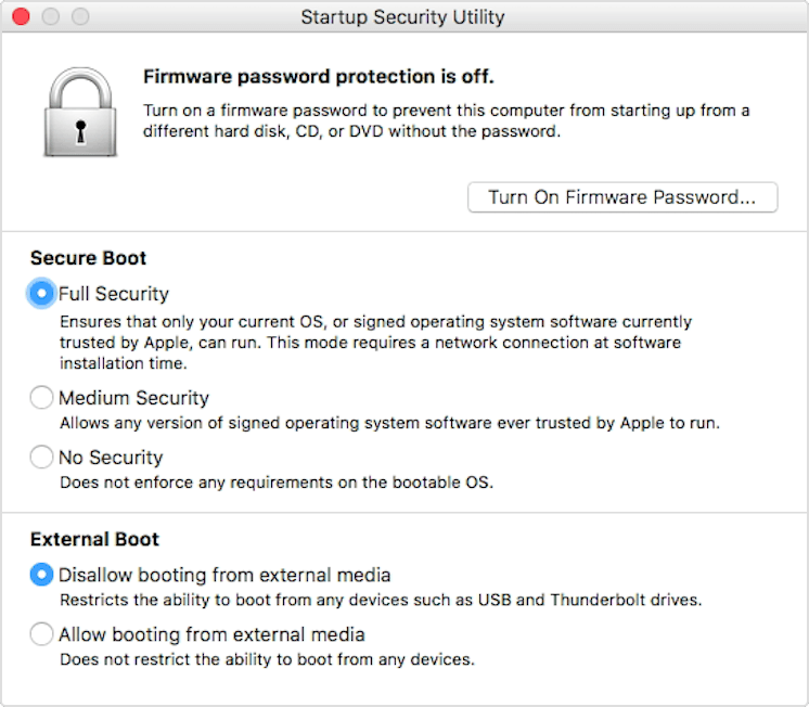 Le impostazioni di macOS per disabilitare Secure Boot