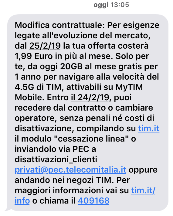 Uno screenshot dell'SMS informativo di TIM