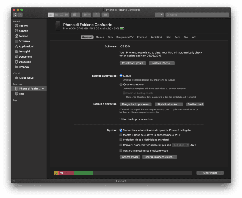 macos catalina sincronizzazione iphone