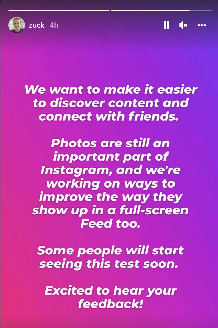 Una storia di Mark Zuckerberg su Instagram