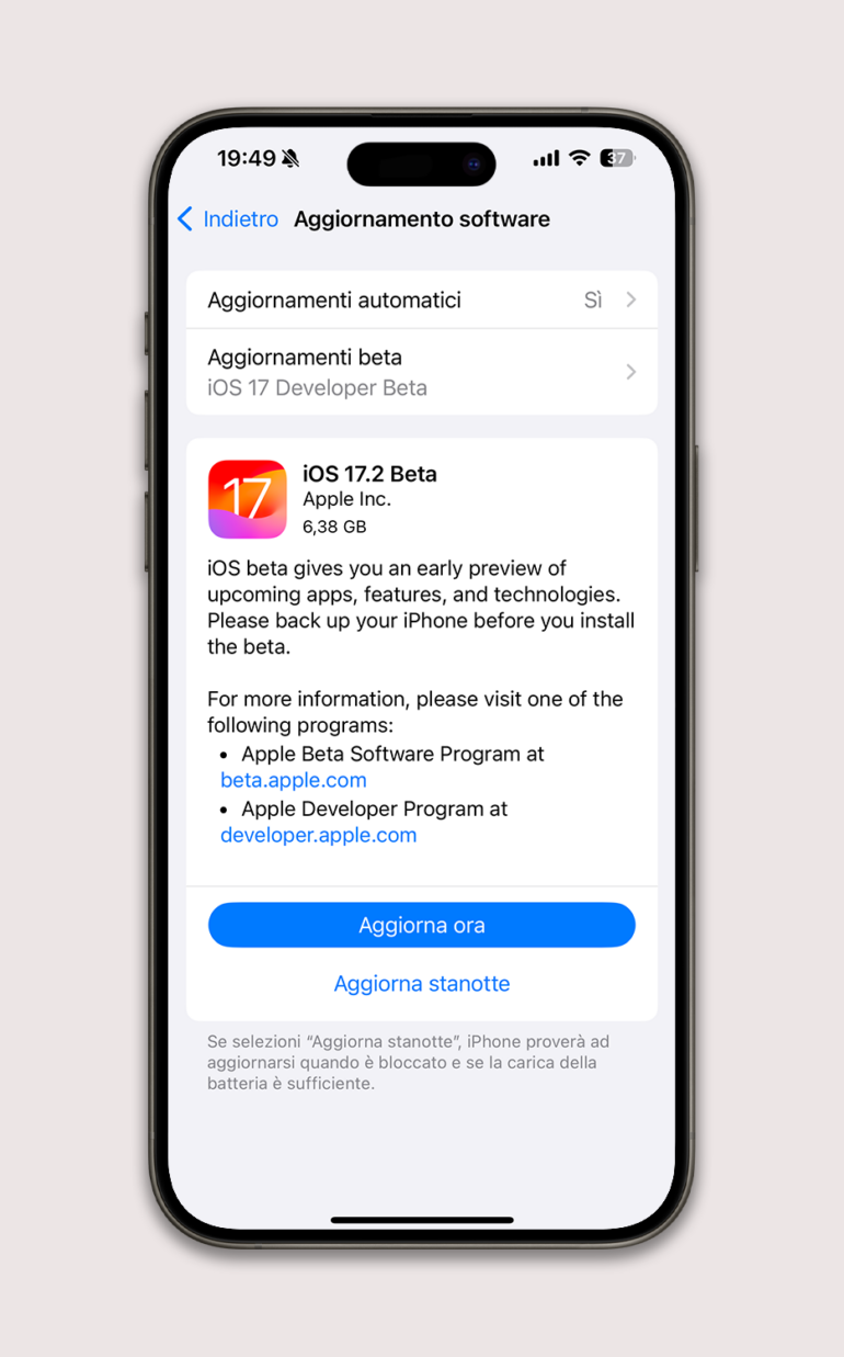 iOS 17.2 beta 1 aggiornamento