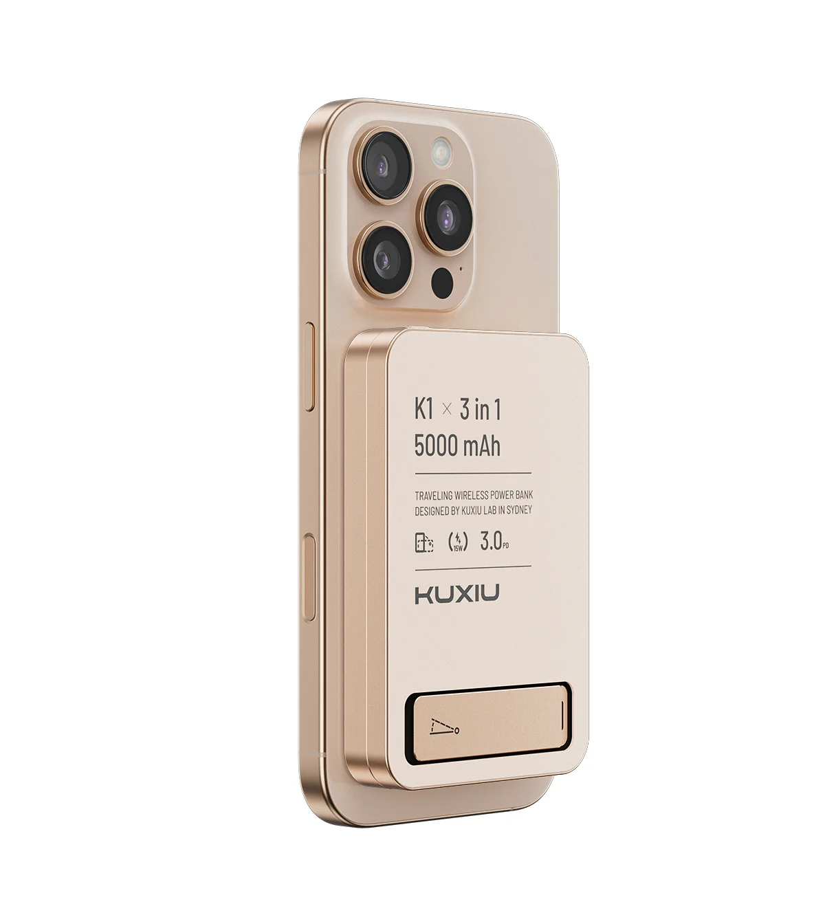 Immagine di KUXIU K1 - Powerbank MagSafe Qi 3-in-1 con stand da 5.000 mAh: colore Titanio Naturale