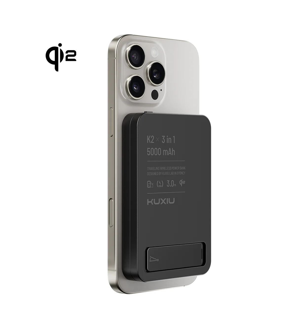 Immagine di KUXIU K2 - Powerbank con ricarica Qi2 MagSafe, 3-in-1 con stand da 5.000 mAh: colore Nero