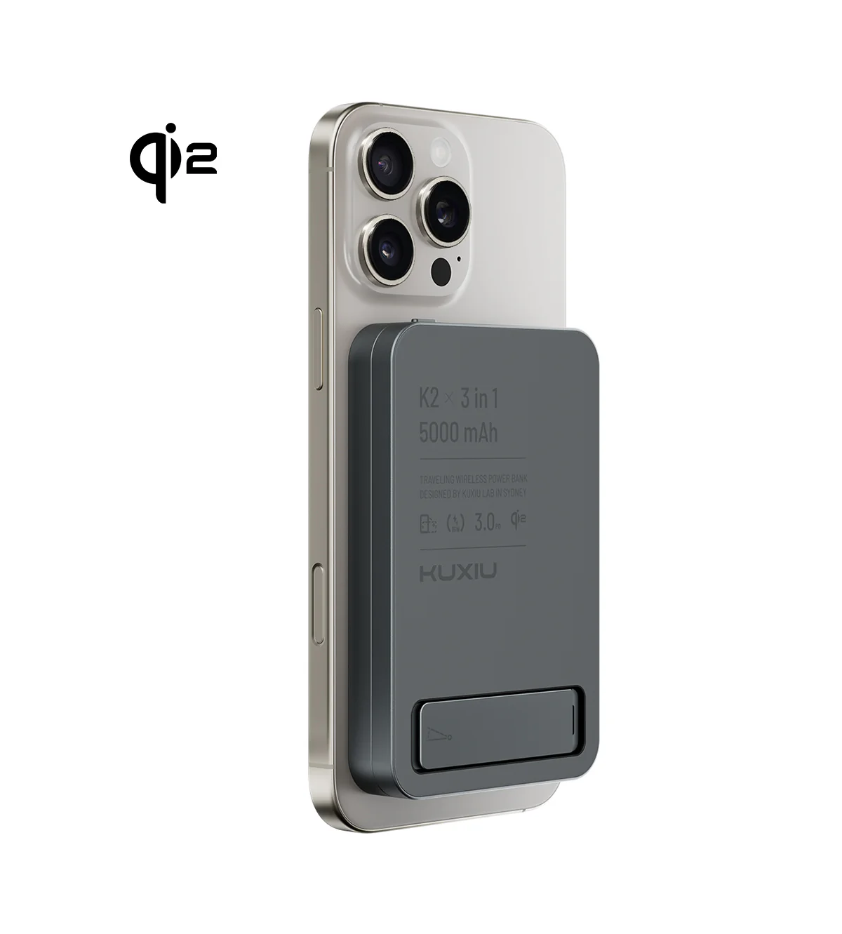 Immagine di KUXIU K2 - Powerbank con ricarica Qi2 MagSafe, 3-in-1 con stand da 5.000 mAh: colore Grigio